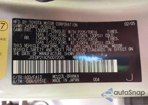 2005 Toyota Highlander V6 z USA, uszkodzony, nr VIN JTEDP21A250072045